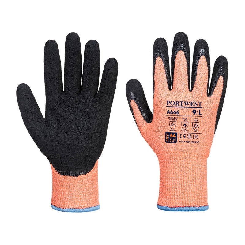 Portwest A646 Vis-Tex Winter HR Cut Nitrile Gloves (Orange/Black)