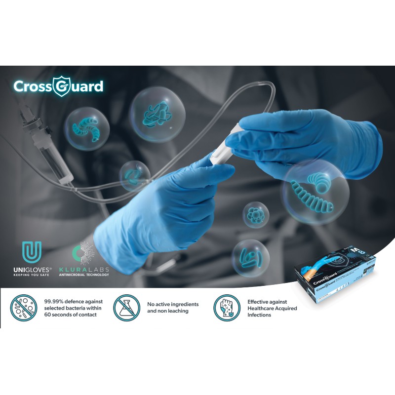 Unigloves CrossGuard GM010X Antimicrobial Disposable Powder-Free Nitrile Gloves (Box of 100)